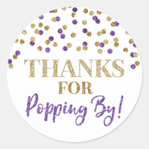 Gold Purple Confetti Thanks for Popping By Classic Round Sticker