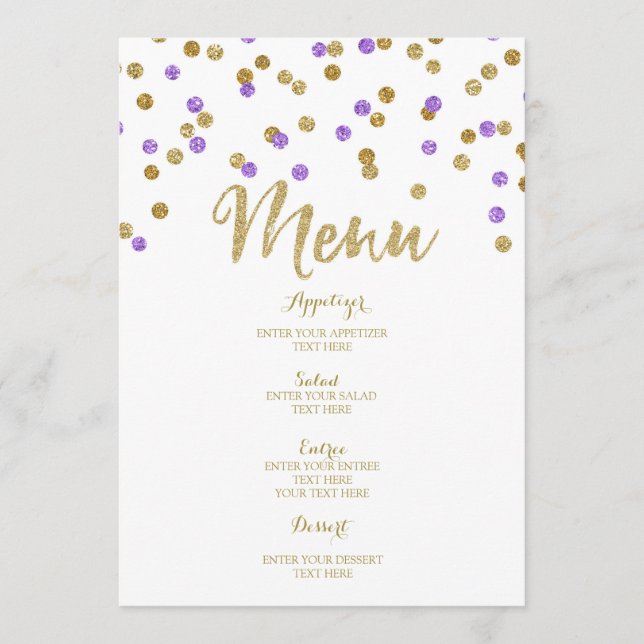 Gold Purple Confetti Wedding Menu (Front)