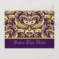 Gold & Purple Damask Scroll Save The Date Postcard