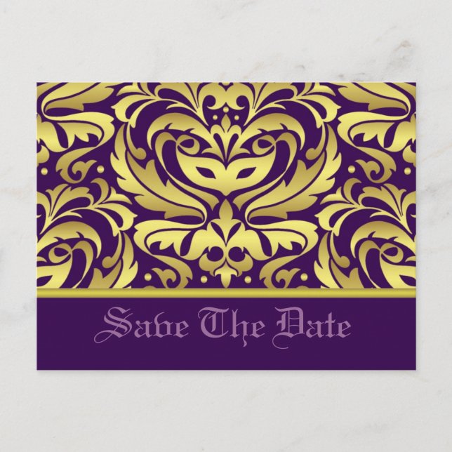 Gold & Purple Damask Scroll Save The Date Postcard (Front)
