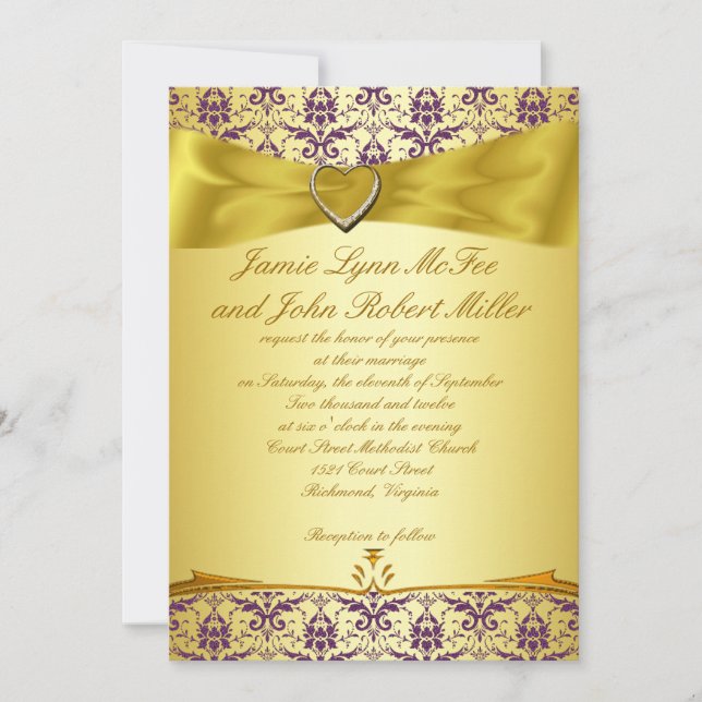 Gold & Purple Damask Wedding Invitation (Front)