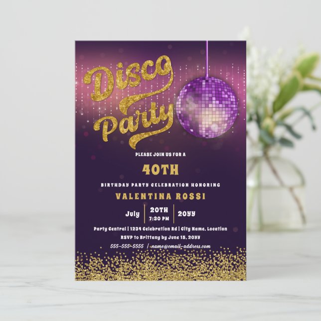 Gold Purple Disco Party Birthday Invitation (Standing Front)