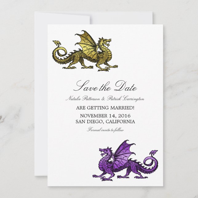 Gold Purple Dragon Save the Date Invite (Front)