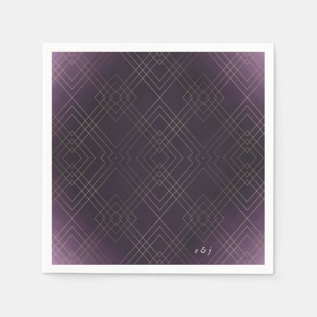 Gold Purple Elegance Diamond Geo Deco Wedding Napkin (Front)