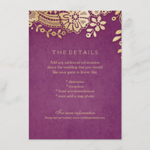 Gold purple elegant lace wedding details card