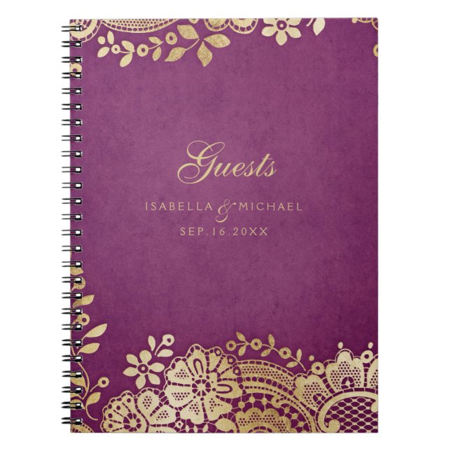 Gold purple elegant lace wedding guest book (Front)