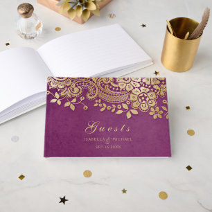 Gold purple elegant lace wedding guest book
