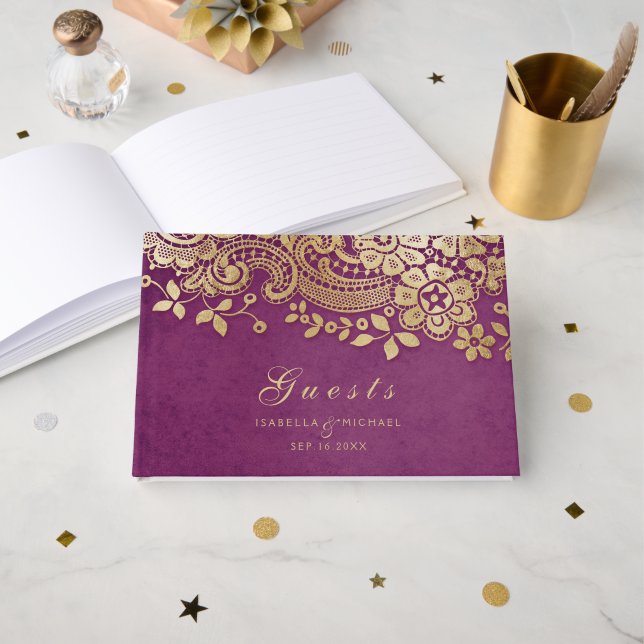Gold purple elegant lace wedding guest book (Front Open)