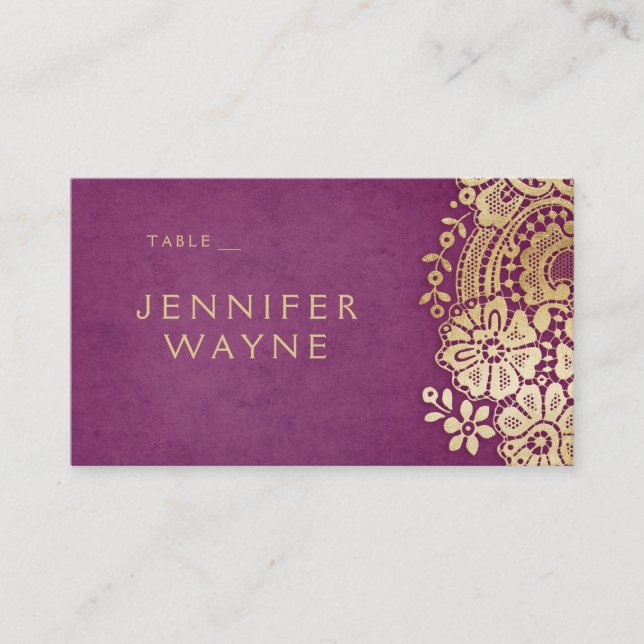 Gold purple elegant lace wedding place cards (Front)