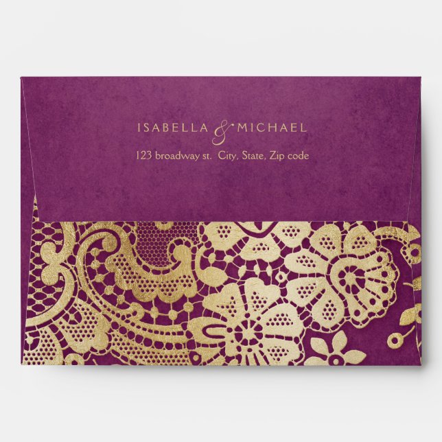 Gold purple elegant lace wedding return address envelope (Back (Top Flap))
