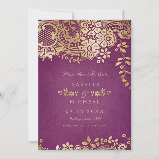 Gold purple elegant lace wedding save the date (Front)