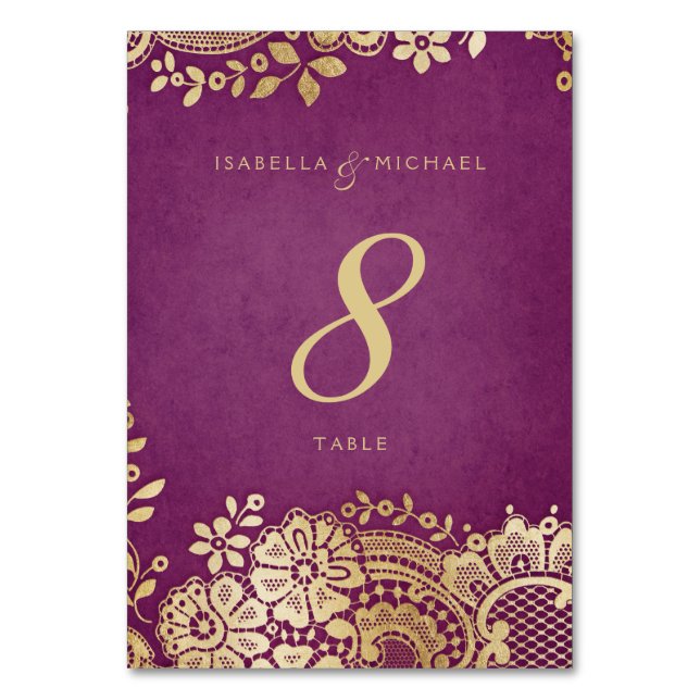 Gold purple elegant lace wedding table card (Front)