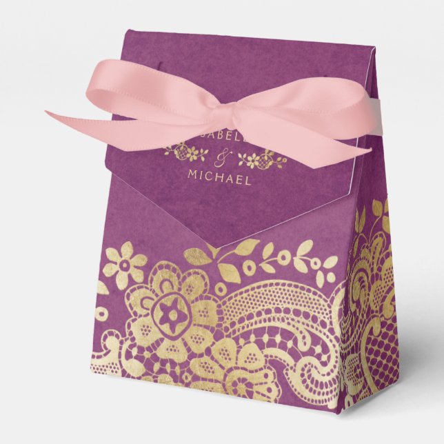 Gold purple elegant vintage lace wedding favour box (Front Side)