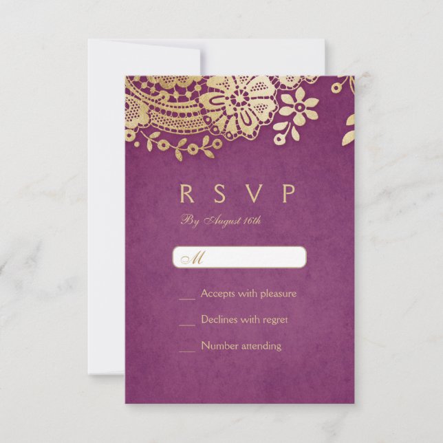 Gold purple elegant vintage lace wedding RSVP Card (Front)