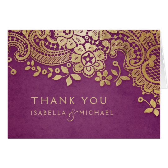 Gold purple elegant vintage lace wedding thank you card