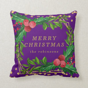 Gold Purple Family Merry Christmas Holly Glitter Cushion
