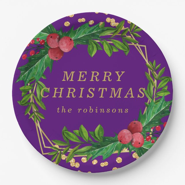 Gold Purple Family Merry Christmas Holly Glitter Paper Plate (Front)