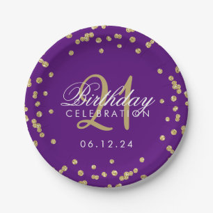 Gold Purple Faux Glitter Confetti 21st Birthday Paper Plate