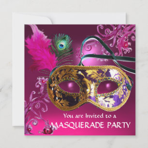 GOLD PURPLE FEATHER DAMASK  MASK Masquerade Party Invitation