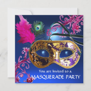 GOLD PURPLE FEATHER DAMASK  MASK Masquerade Party Invitation