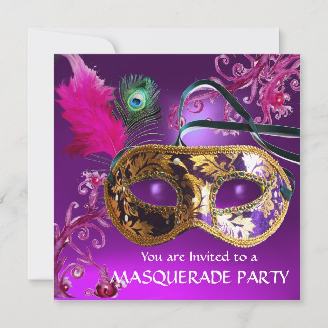 GOLD PURPLE FEATHER DAMASK  MASK Masquerade Party Invitation (Front)