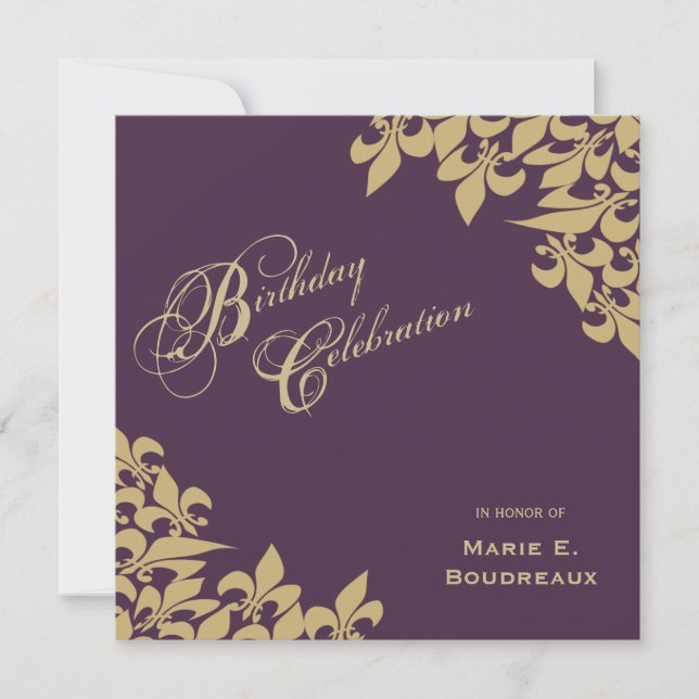 Gold Purple Fleur de Lis Milestone Birthday Party Invitation (Front)
