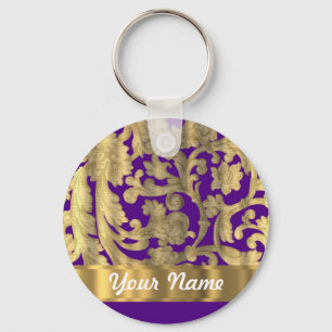 Gold & purple floral damask pattern key ring