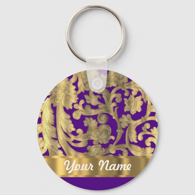 Gold & purple floral damask pattern key ring (Front)