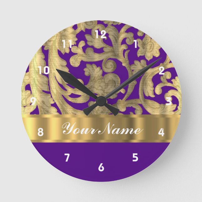 Gold & purple floral damask pattern round clock (Front)