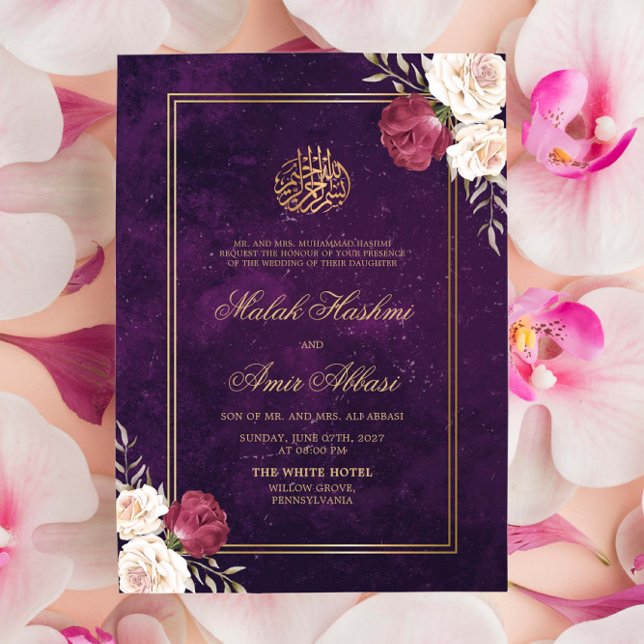 Gold Purple Floral Ornate Islamic Muslim Wedding Invitation (Creator Uploaded)