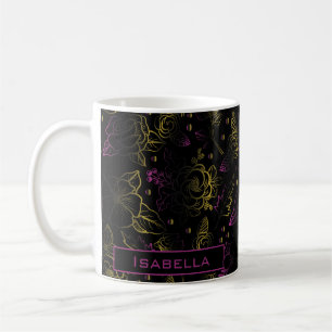 Gold purple floral pattern personalised name coffee mug