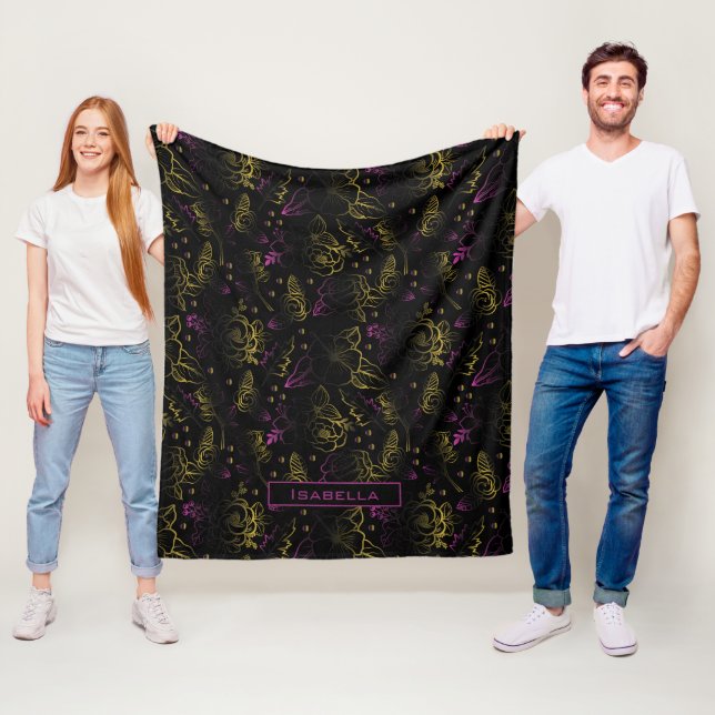 Gold purple floral pattern personalised name  fleece blanket (In Situ)