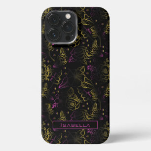 Gold purple floral pattern personalised name iPhone 13 pro max case
