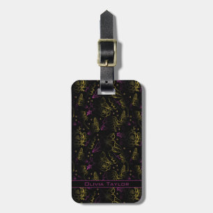 Gold purple floral pattern personalised name luggage tag