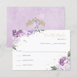 Gold Purple Floral Quinceañera Birthday RSVP Card