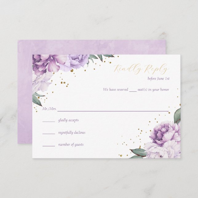 Gold Purple Floral Quinceañera Birthday RSVP Card (Front/Back)