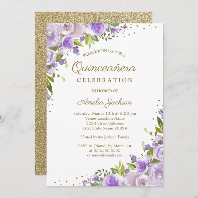Gold Purple Floral Watercolor Quinceanera Invite (Front/Back)