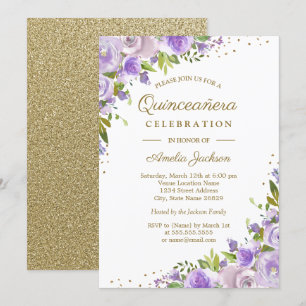 Gold Purple Floral Watercolor Quinceanera Invite