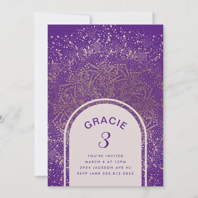 Gold Purple Foil Celebration Arch | Birthday Party Invitation (Front)