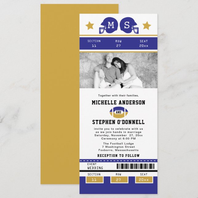 Gold  Purple Football Ticket Wedding Invite (Front/Back)