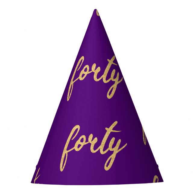Gold Purple "Forty" 40 Birthday Party Glitter Party Hat (Front)