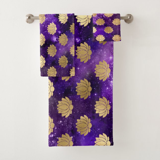 Gold & Purple Galaxy Dharma Mandala Pattern Bath Towel Set (Insitu)