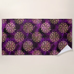 Gold & Purple Galaxy Dharma Mandala Pattern Beach Towel