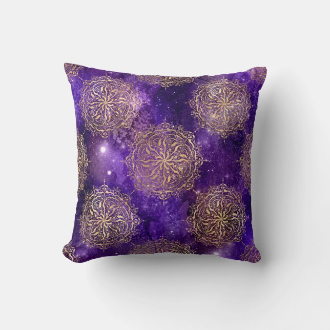 Gold & Purple Galaxy Dharma Mandala Pattern Cushion (Front)