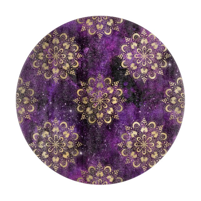 Gold & Purple Galaxy Dharma Mandala Pattern Cutting Board (Front)