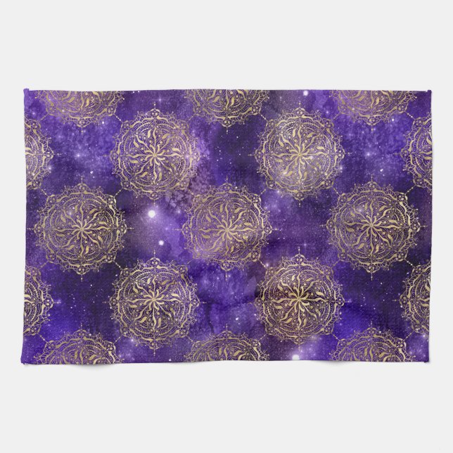 Gold & Purple Galaxy Dharma Mandala Pattern Tea Towel (Horizontal)