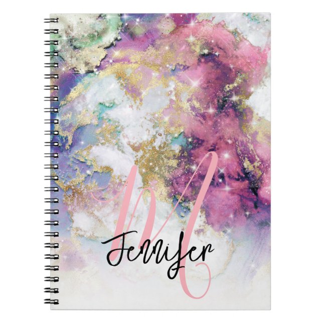 Gold Purple Galaxy Space Monogram Custom Notebook (Front)