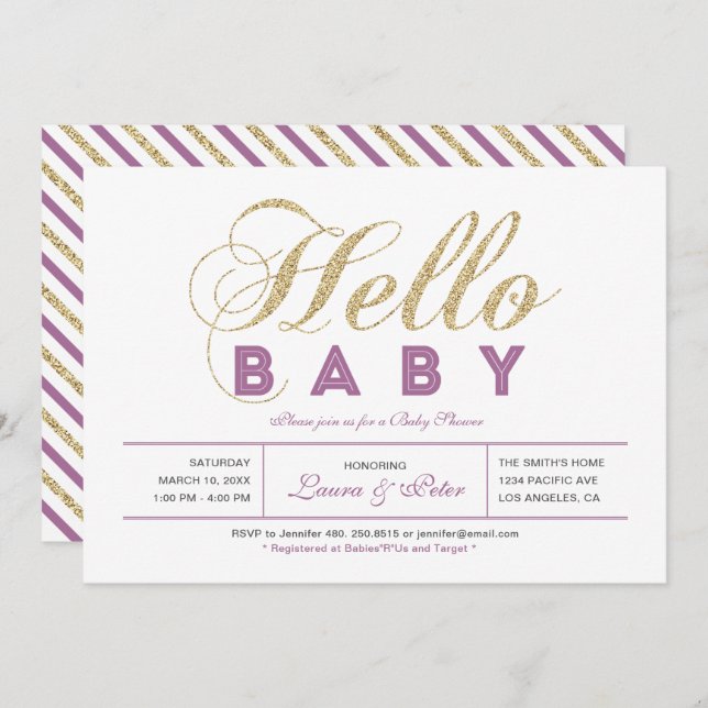 Gold, Purple | Girl, Modern Typography Baby Shower Invitation (Front/Back)