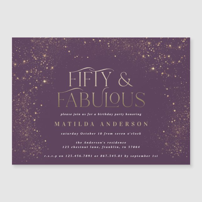 Gold purple glitter 50 and fabulous birthday party (Front)