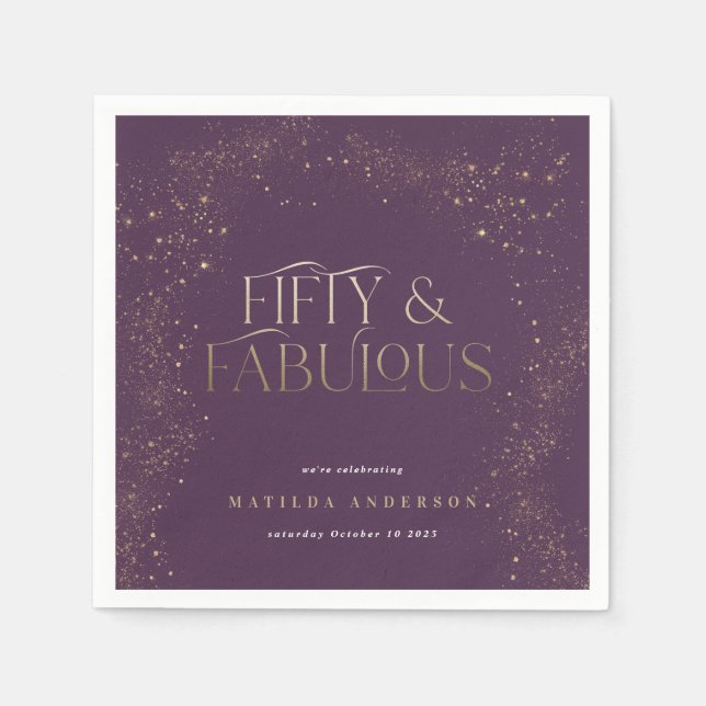 Gold purple glitter 50 and fabulous birthday party napkin (Front)